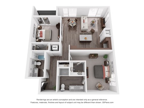 Floor plan for 2 beds, 2 baths, 1201 sqft